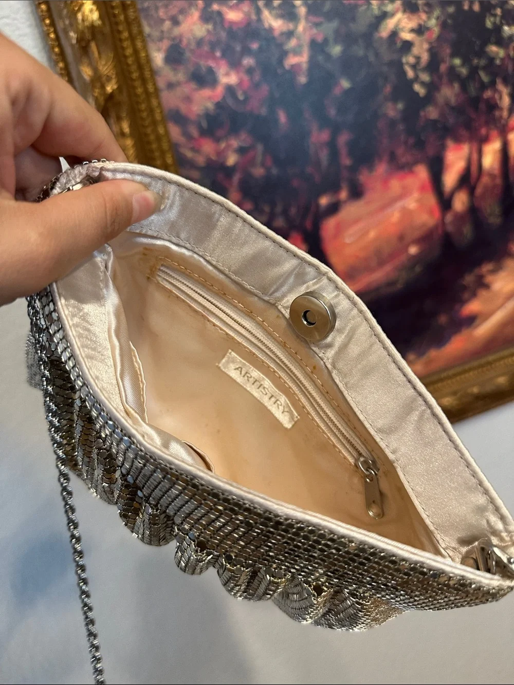 Silver Sequin Evening Clutch with Chain Strap